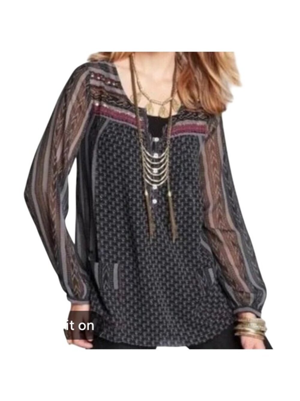 Free People Embellished Sheer Boho Tunic Top Black Gray Multicolor Womens Size M